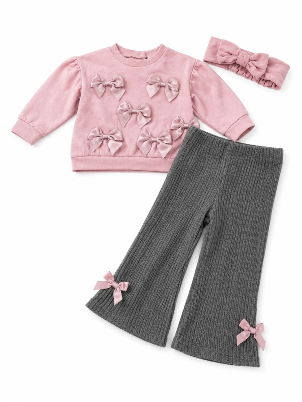 New - Nicole Miller Pink Bow Pullover & Gray Ribbed Pants Set